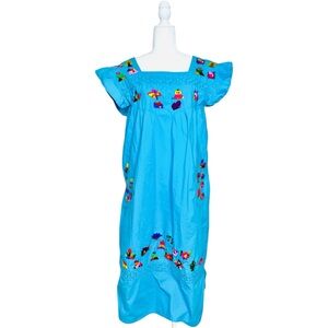 Vintage Boho Mexican Embroidered Peasant Dress fits Medium Blue Lattice Flutter